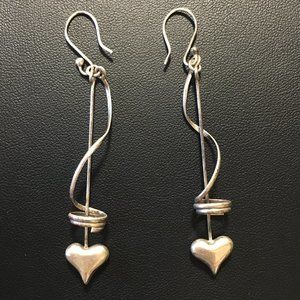 Vtg Long Dangle Swirl Puffy Heart Earrings Sterling Silver Pierced Hooks